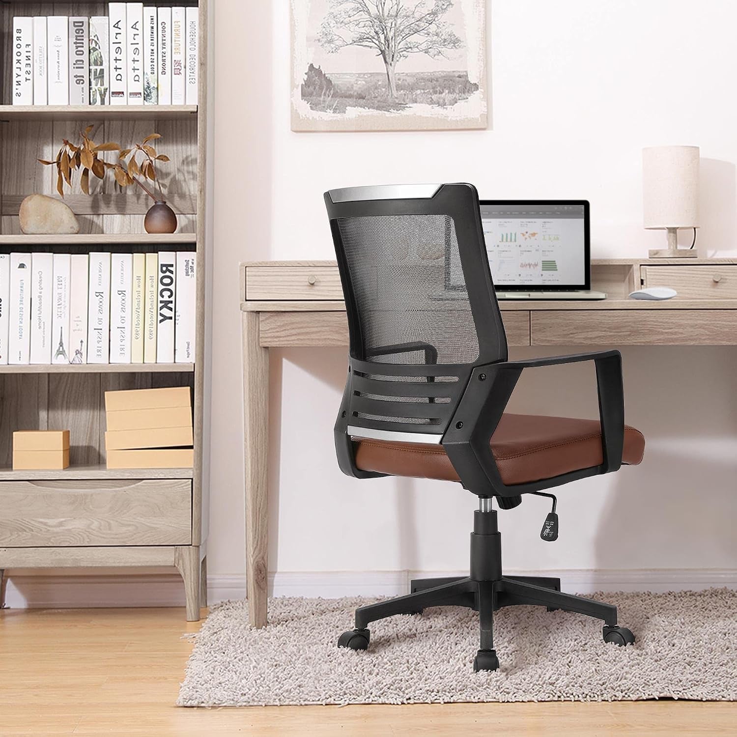 Yaheetech Ergonomic Home Office Chair Leather and Mesh Combine Desk Chair Rolling Swivel Adjustable Mesh Chair with Lumbar Support and Armrests for Office and Home, Brown | Breathable Mesh Back and Padded PU Leather Seat Keep You Comfortable All Day, with Quick Assembly and Sturdy 265 Lb Support.
