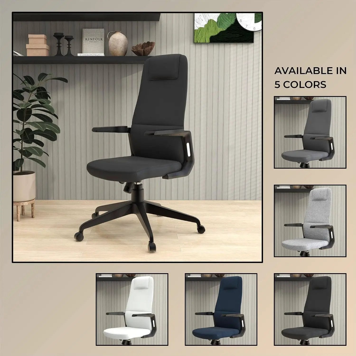 Leisuremod Ergonomic High-Back Leather Office Chair - Black Swivel Desk Chair with Adjustable Height, Tilt, Padded Headrest & Double Wheel Casters, Comfortable for Home or Office