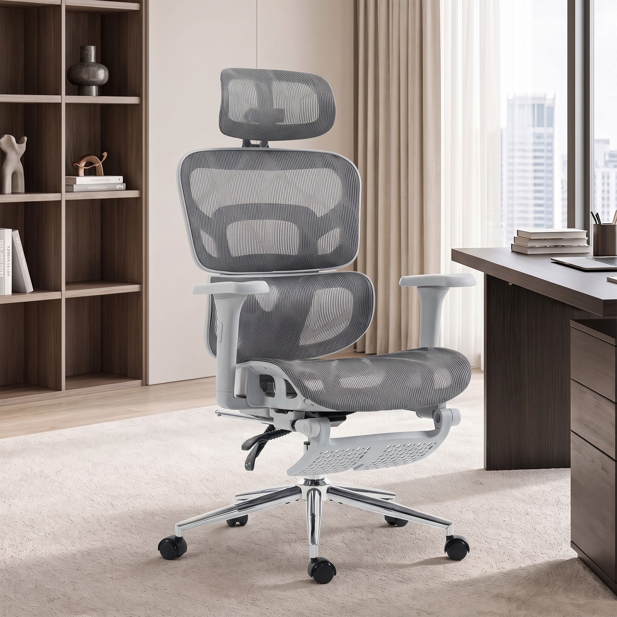 Gray mesh office chair with headrest - side view