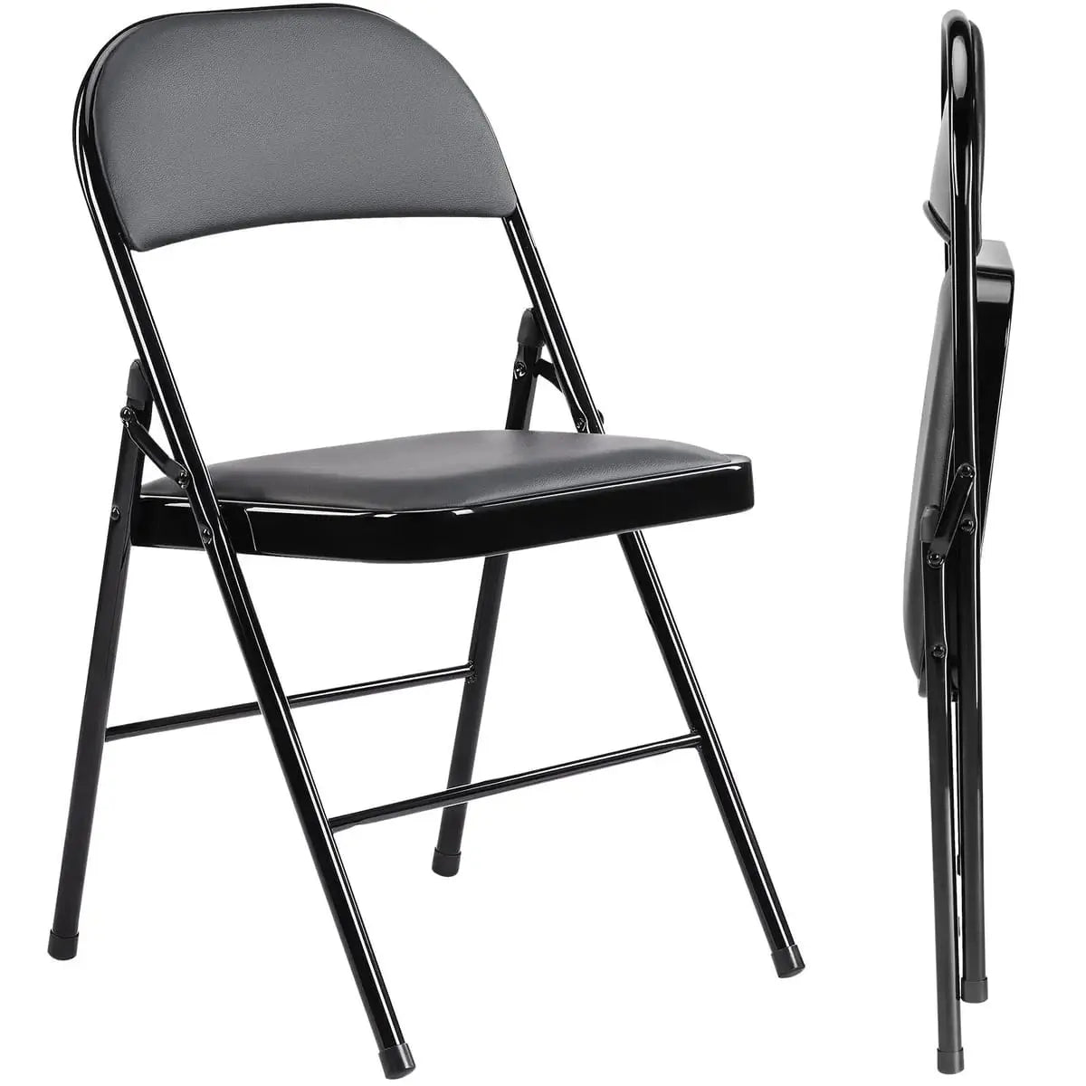 Pair of black CJDS premium leather folding chairs with sleek design and comfortable seating for home use.