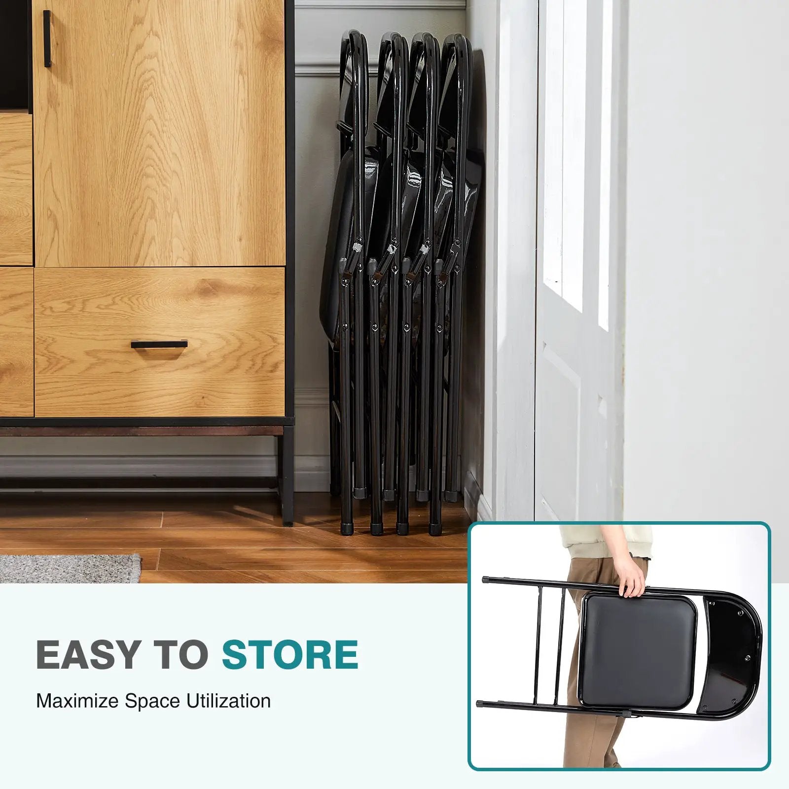 Two black CJDS premium leather folding chairs with sleek, comfortable design for home use, foldable for easy storage.