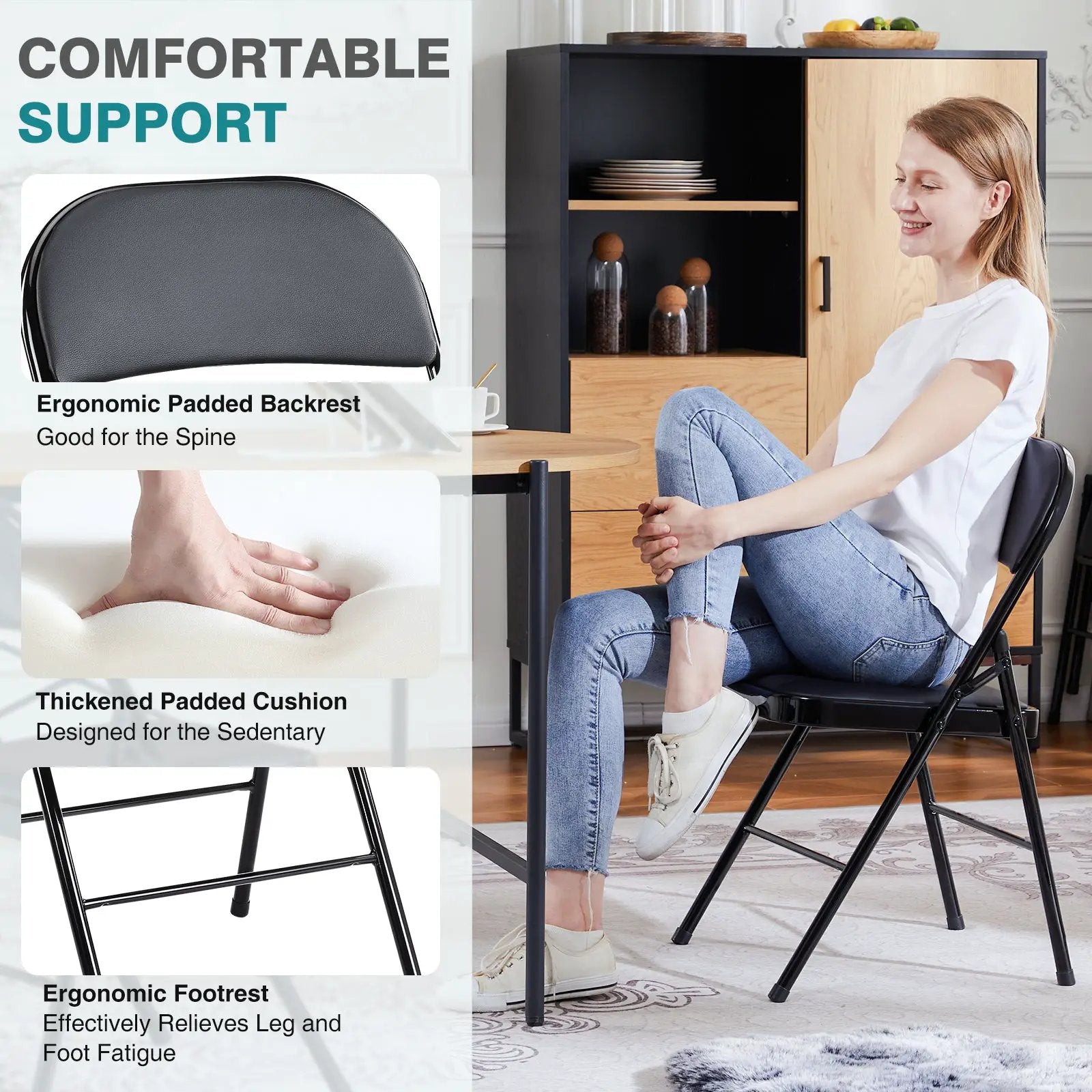 Set of two black CJDS leather folding chairs for home use, sleek, comfortable, and stylish with padded seats and backrests.