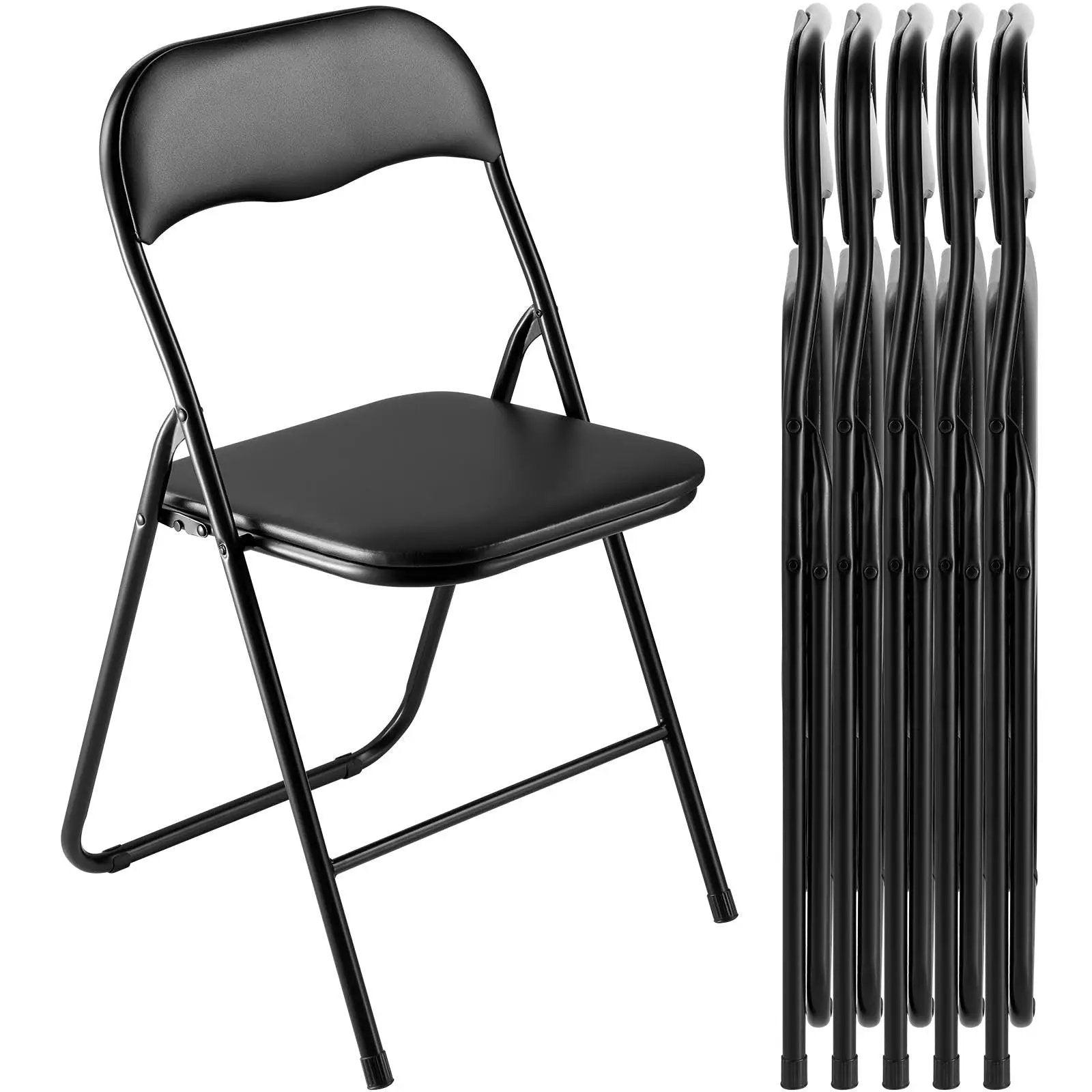 Black heavy-duty folding chair with padded leather cushion by CJDS, ideal for events and extra comfort.