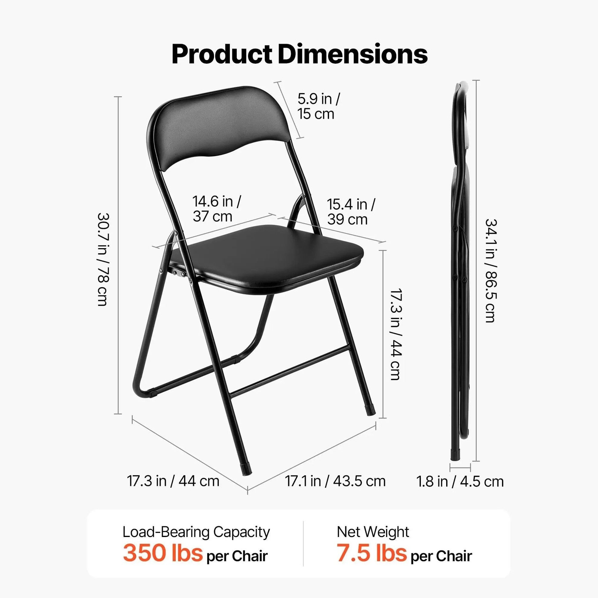 Black CJDS heavy-duty folding chairs with padded leather cushions, ideal for event seating and easy to transport.