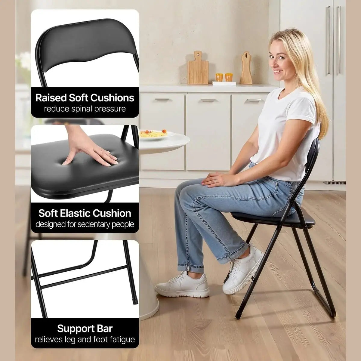 Black heavy-duty folding chairs with padded leather cushions by CJDS, ideal for events and gatherings.