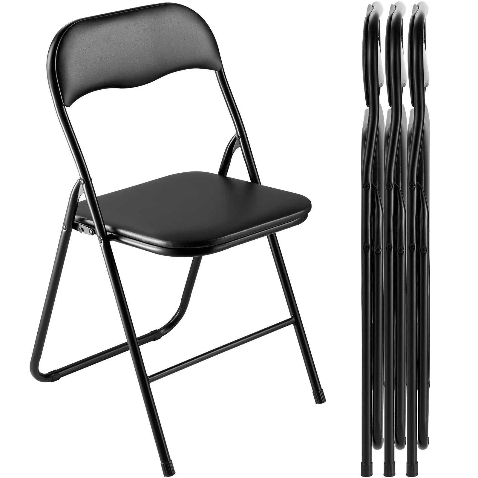 Black leather folding chair by CJDS with padded cushions and a sturdy premium metal frame for comfortable seating.