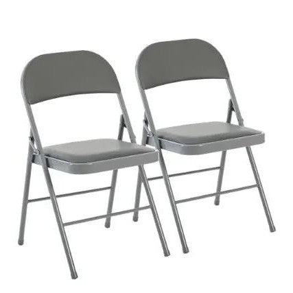 Set of four grey leather-padded CJDS folding chairs, ideal for indoor and outdoor events, with comfortable padded seats and sturdy frames.