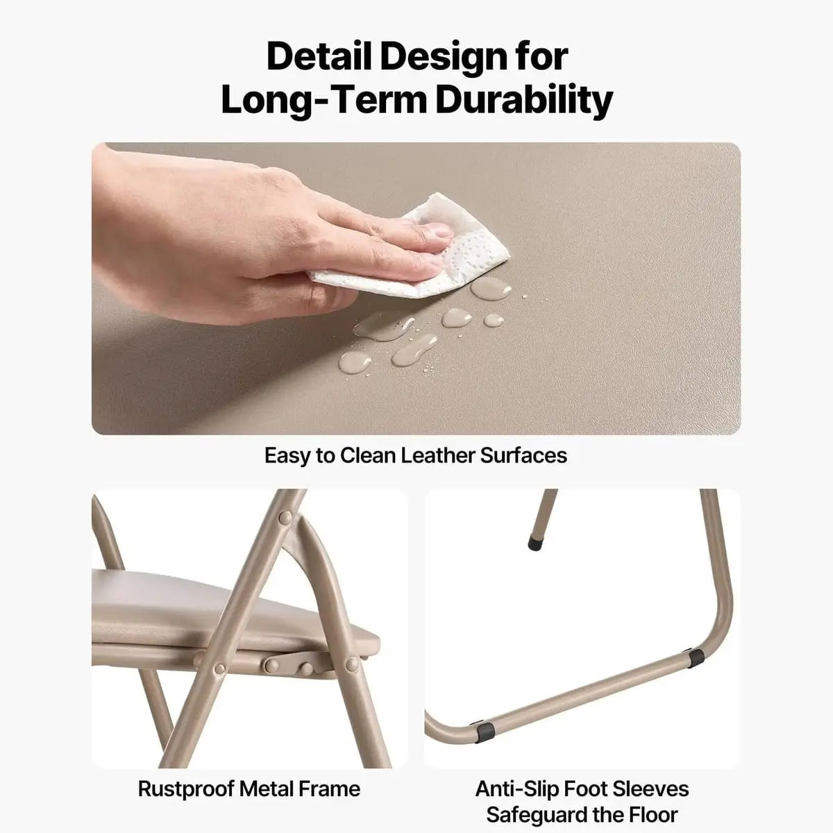 Foldable CJDS leather folding chair with padded cushions and heavy-duty frame in khaki color, designed for comfortable seating and portability.