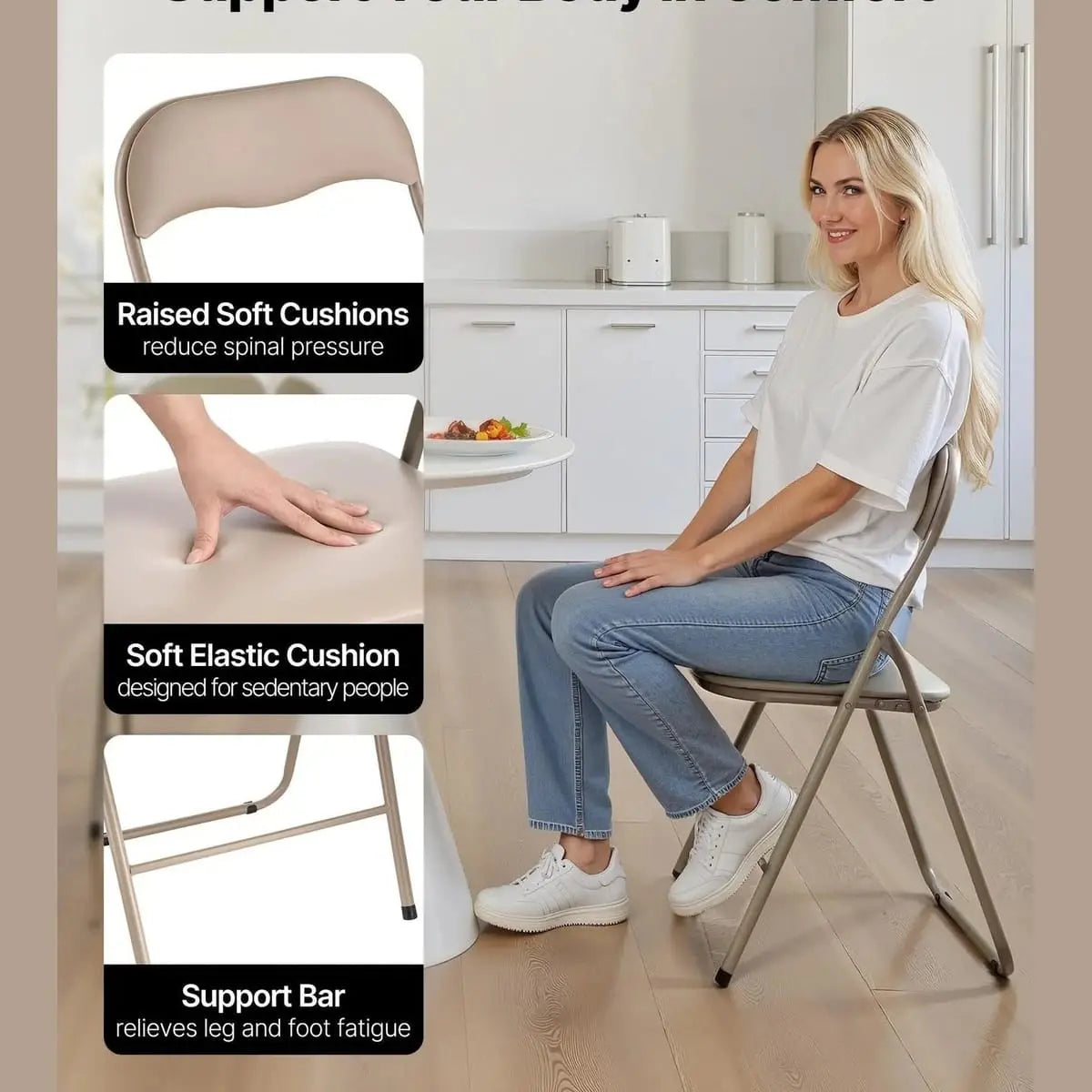CJDS foldable leather chair with khaki color, heavy-duty frame, padded cushions, and a convenient foldable design for easy storage.