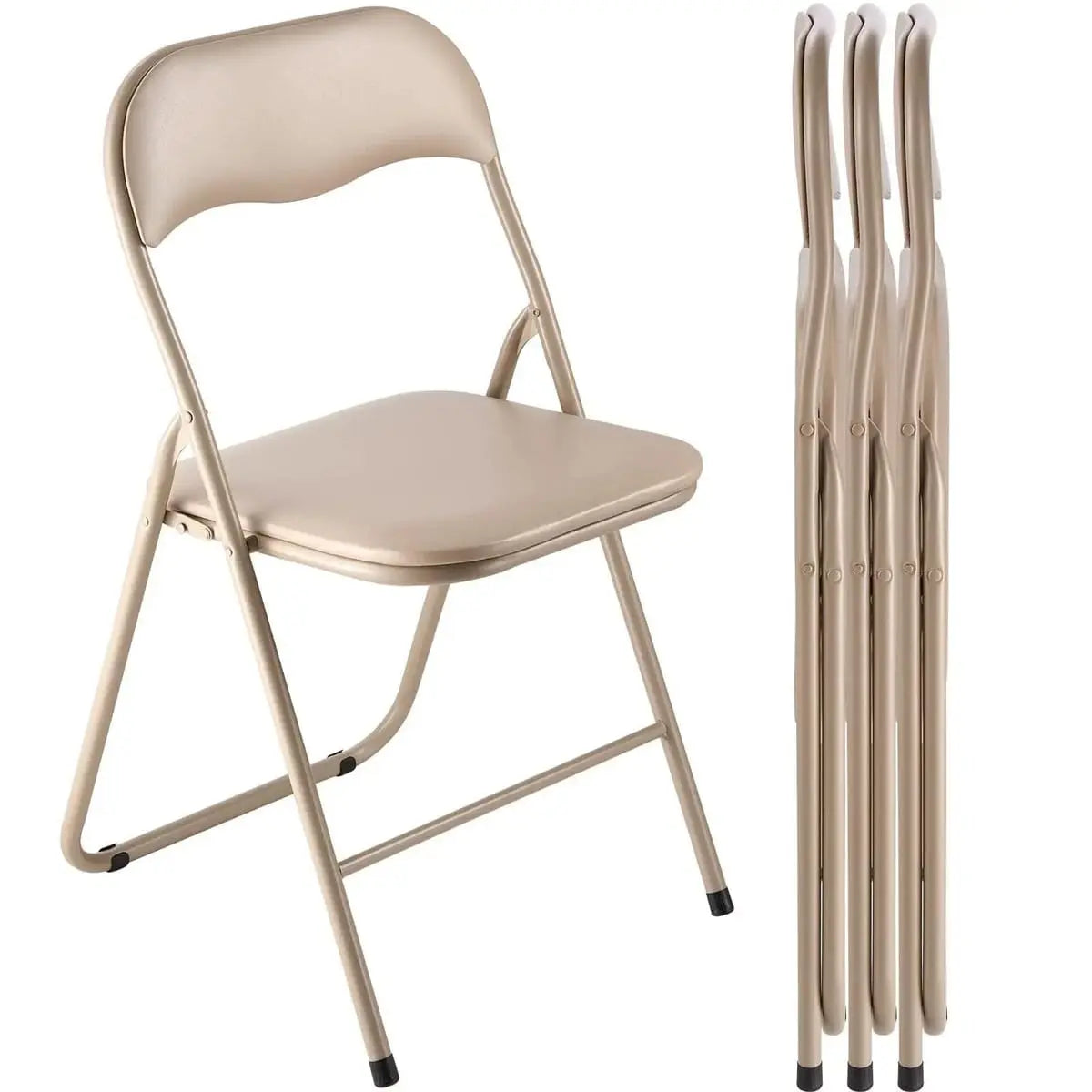 Khaki foldable leather CJDS folding chair with heavy-duty frame and padded cushions, ideal for portable seating and outdoor use.