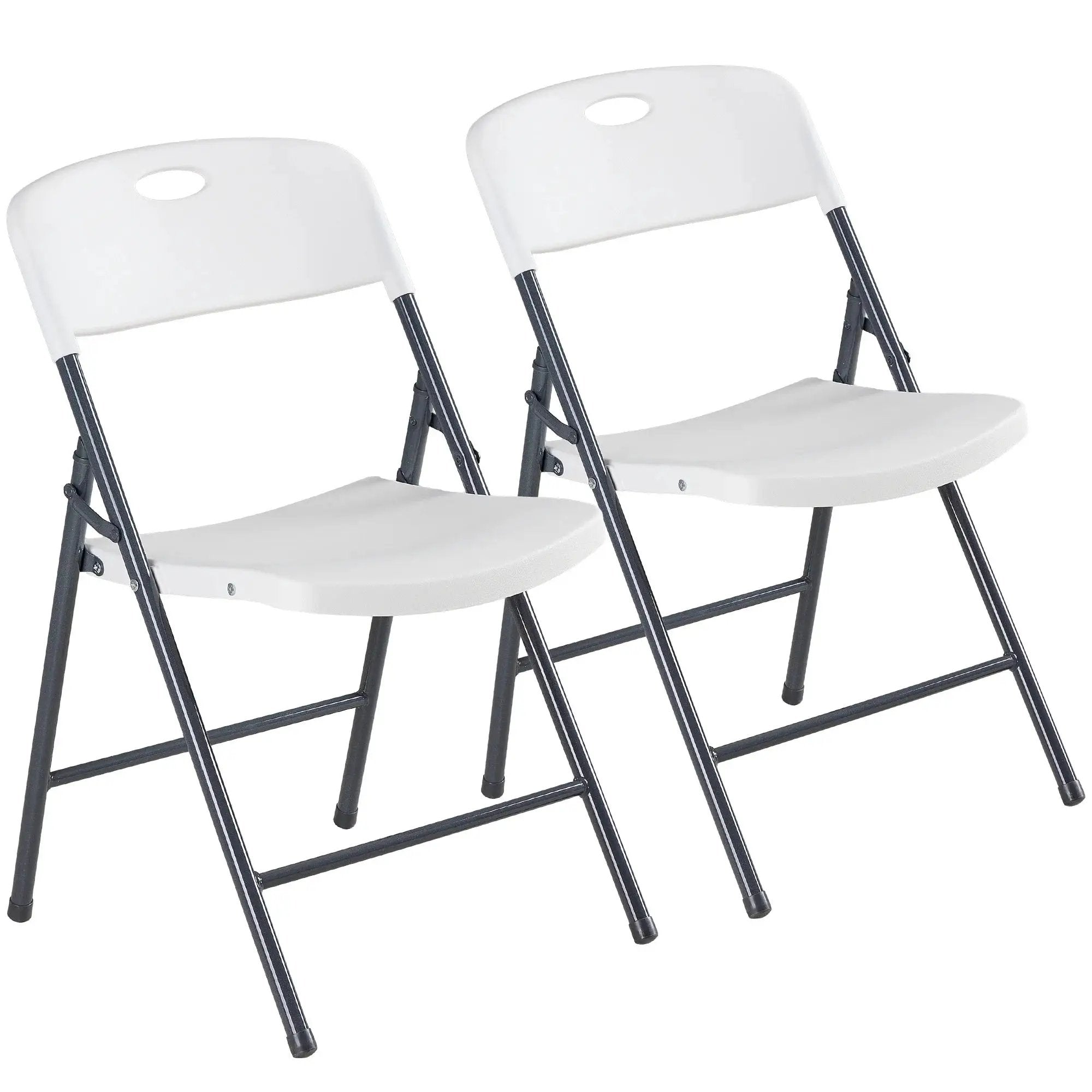 Pair of white CJDS folding chairs, sturdy and stackable, ideal for portable dining sets for families.