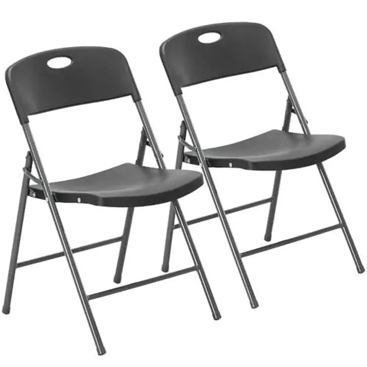 Pair of white CJDS folding chairs, sturdy and stackable, suitable for portable dining sets for families.