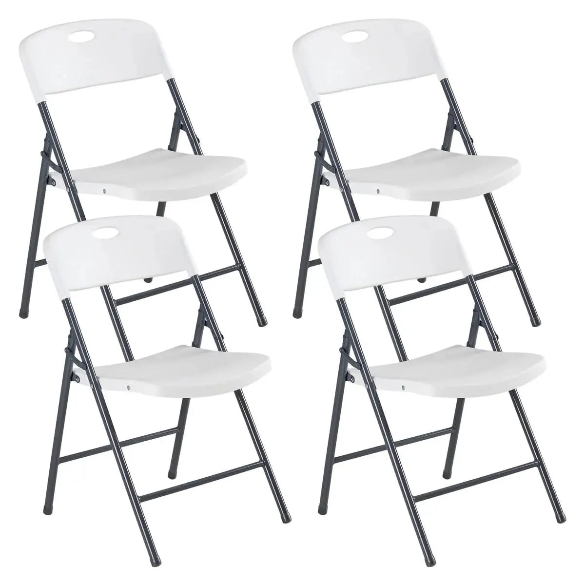 Two white CJDS folding stacking chairs on a portable dining set, ideal for families, sturdy and easy to transport.