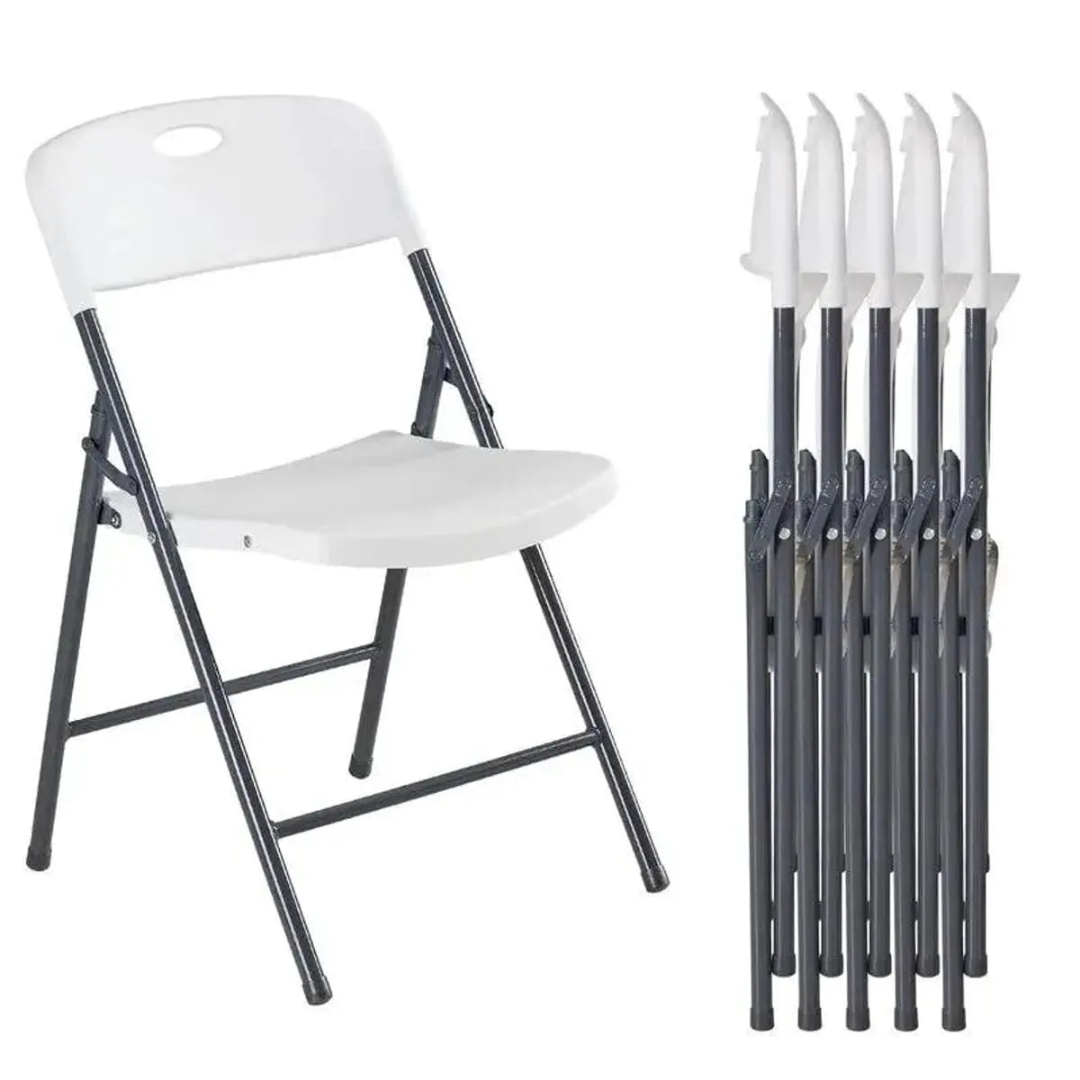 White CJDS folding chairs, stackable and portable, designed for family dining and outdoor use, sturdy and easy to transport.