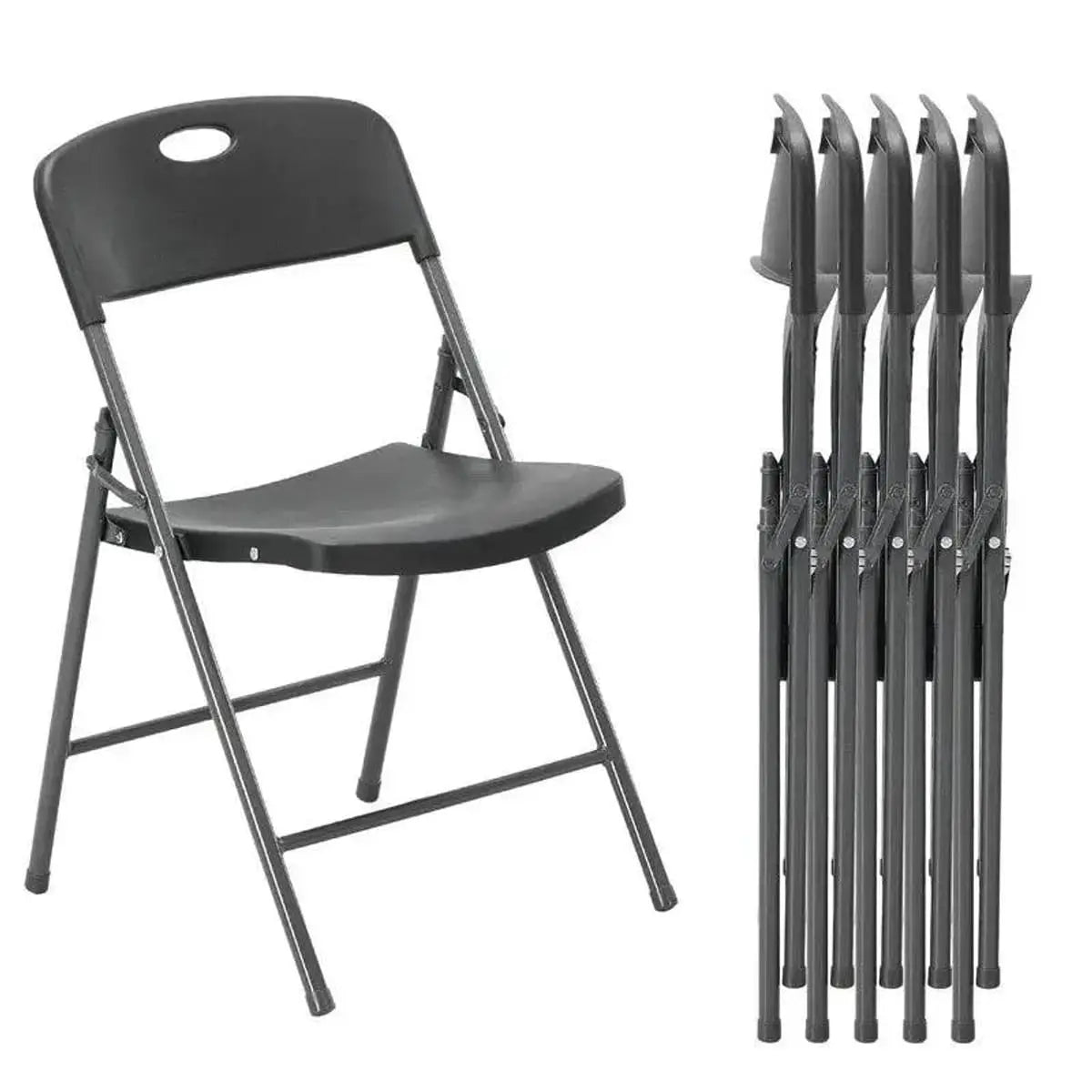 Pair of white CJDS folding chairs, stackable and sturdy, ideal for portable dining and family gatherings.