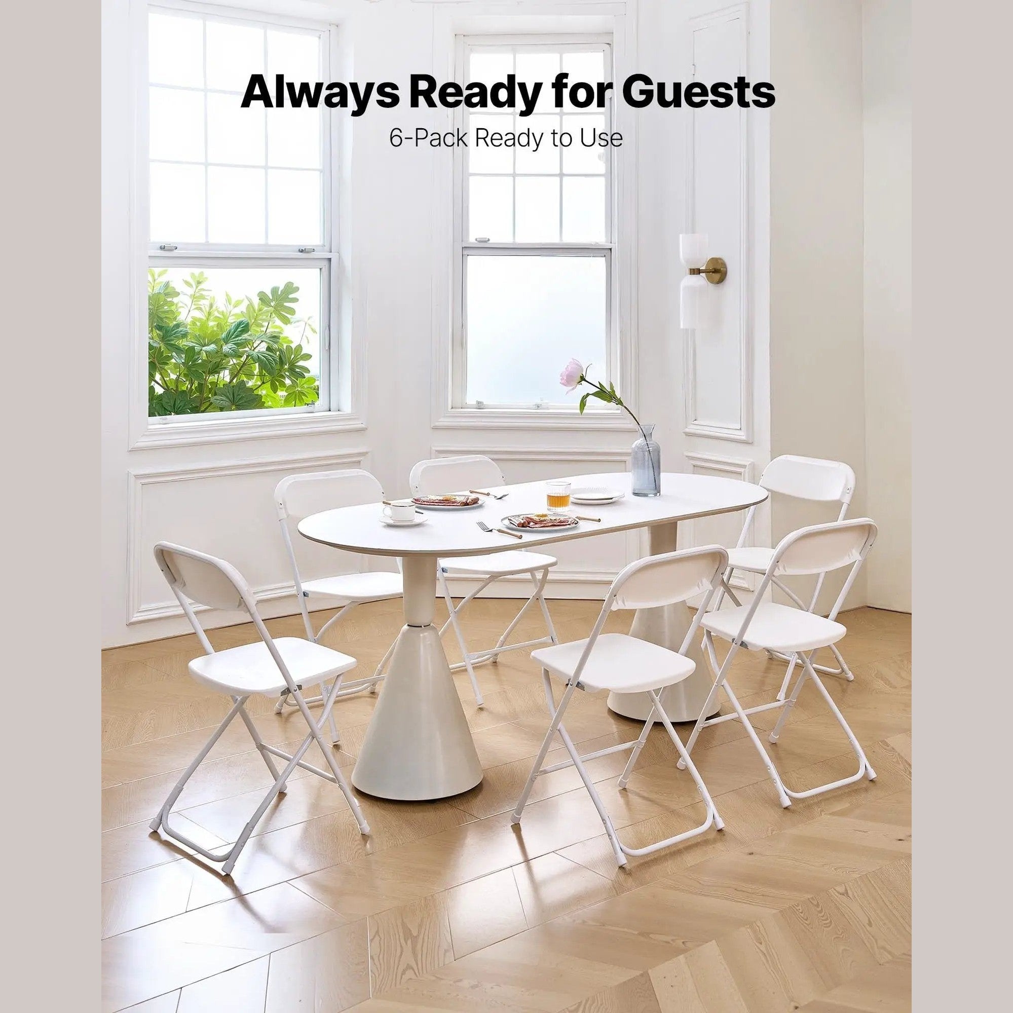 Six-pack of white CJDS heavy-duty folding chairs showing durable portable seating for outdoor or indoor use.