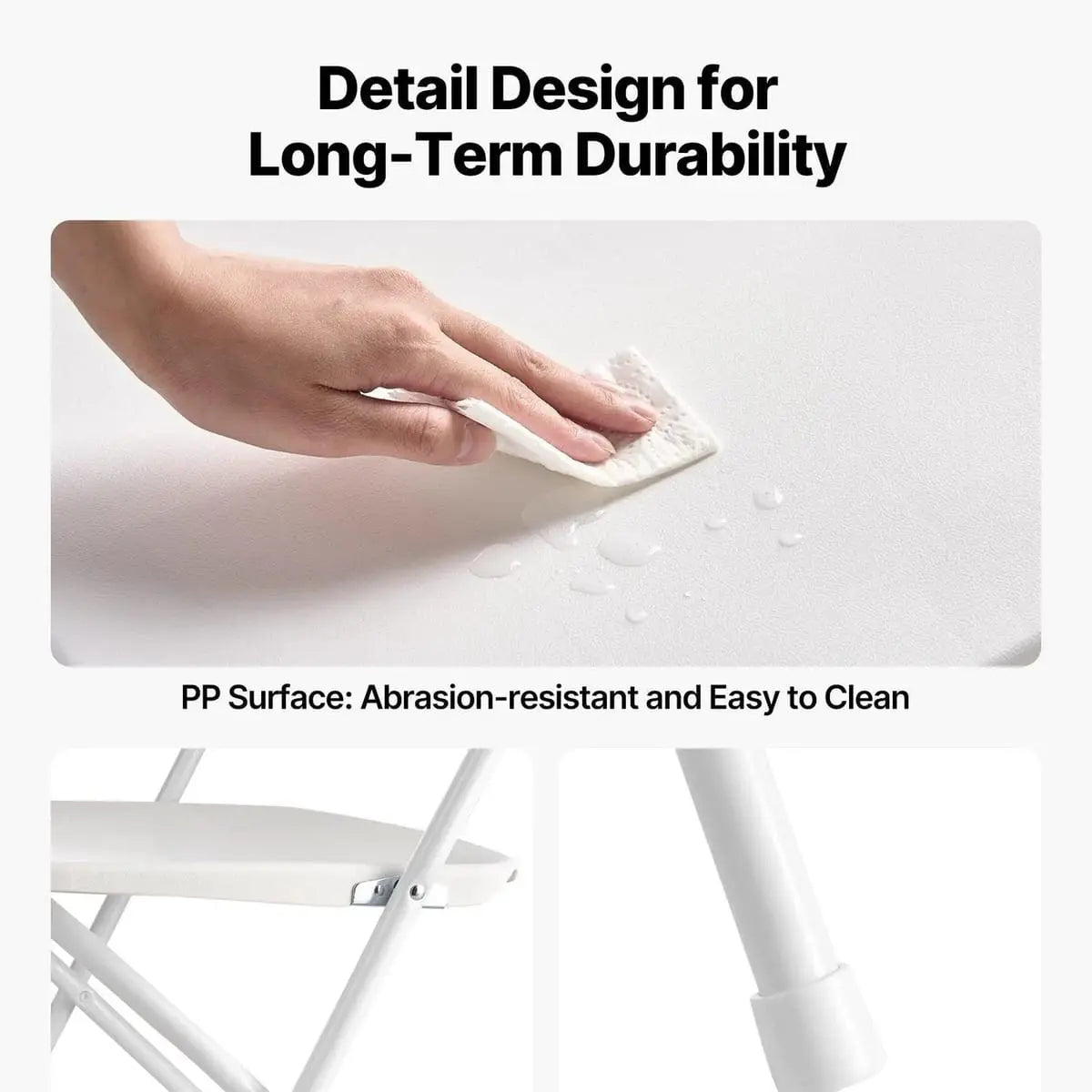 Six-pack of white CJDS heavy-duty folding chairs, durable portable seating for indoor and outdoor use.