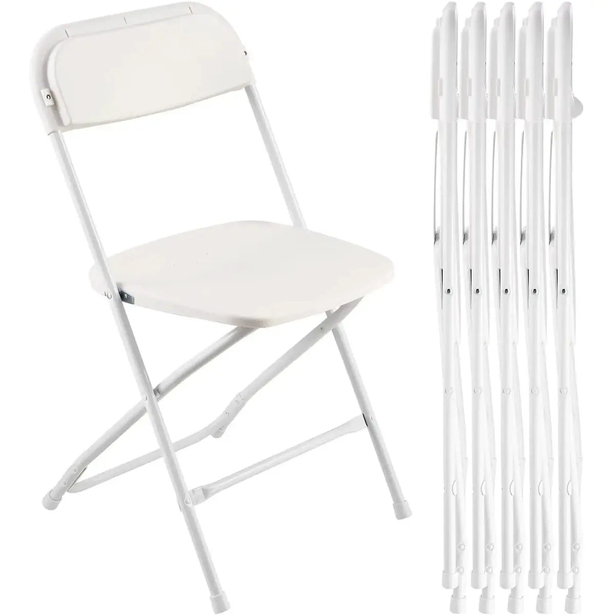 Six-pack of white CJDS heavy-duty folding chairs, durable portable seating for indoor or outdoor use.