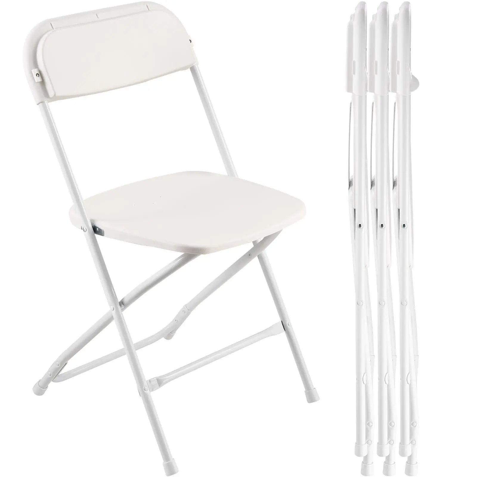 Set of 4 white CJDS stackable folding chairs with heavy-duty anti-rust frames, ideal for versatile seating and easy storage.