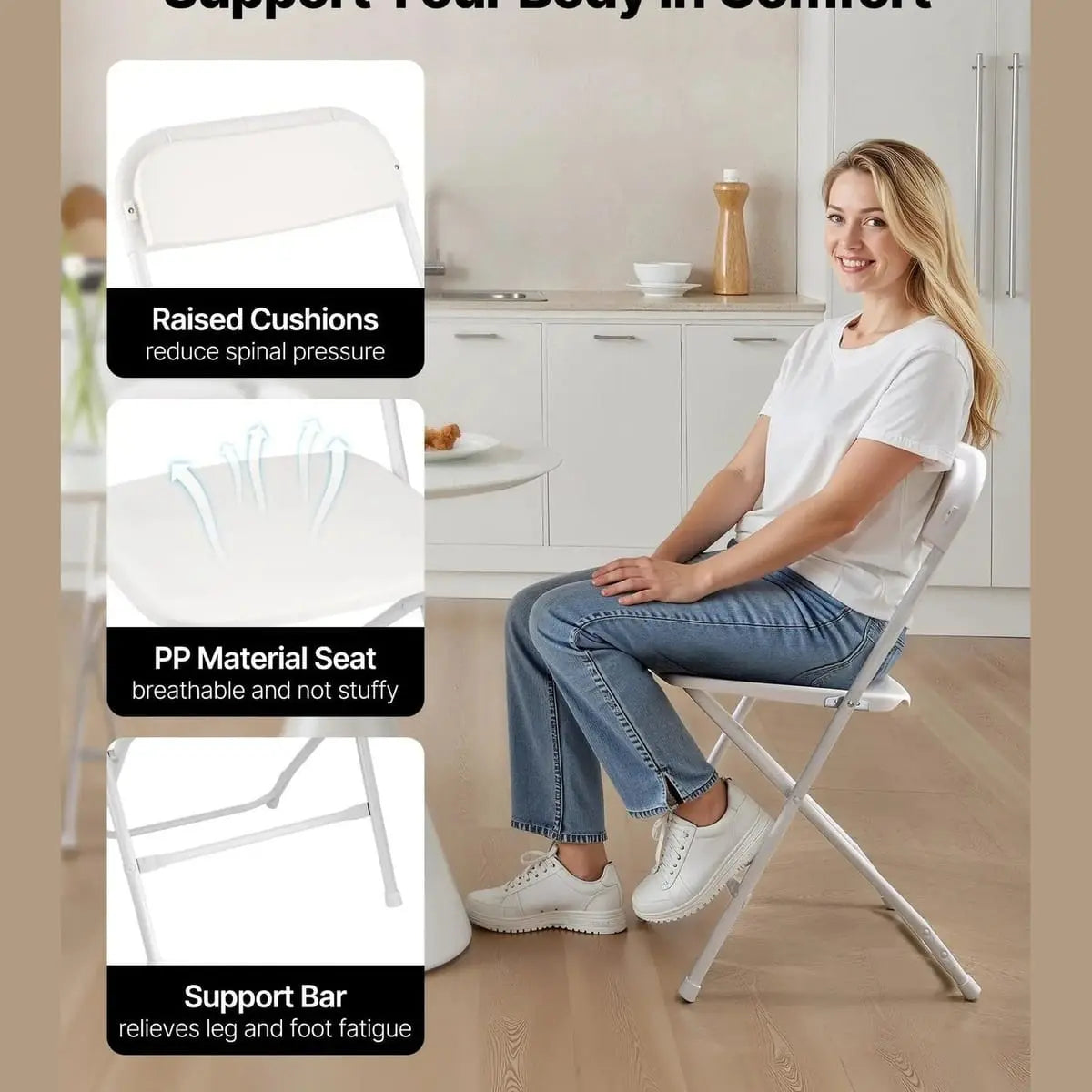 Set of 4 white CJDS foldable stacking chairs with heavy-duty anti-rust frames for durable, space-saving seating.