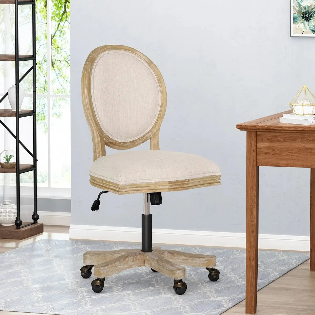 Elegant beige French country swivel office chair with casters, ergonomic fabric seat, and traditional design for home desk comfort.