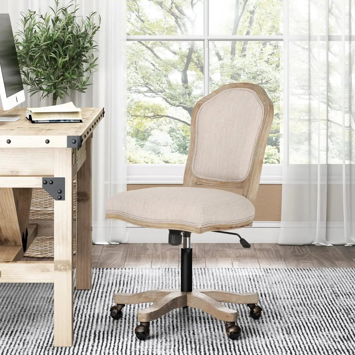 French Country beige upholstered swivel office chair by CJDS with adjustable height and traditional design.