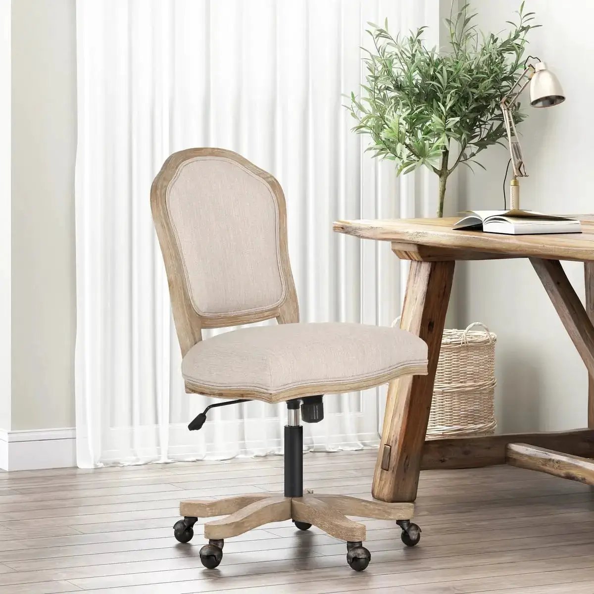 French Country Beige Upholstered Swivel Lift Office Chair - Platinum-Level Office Chairs
