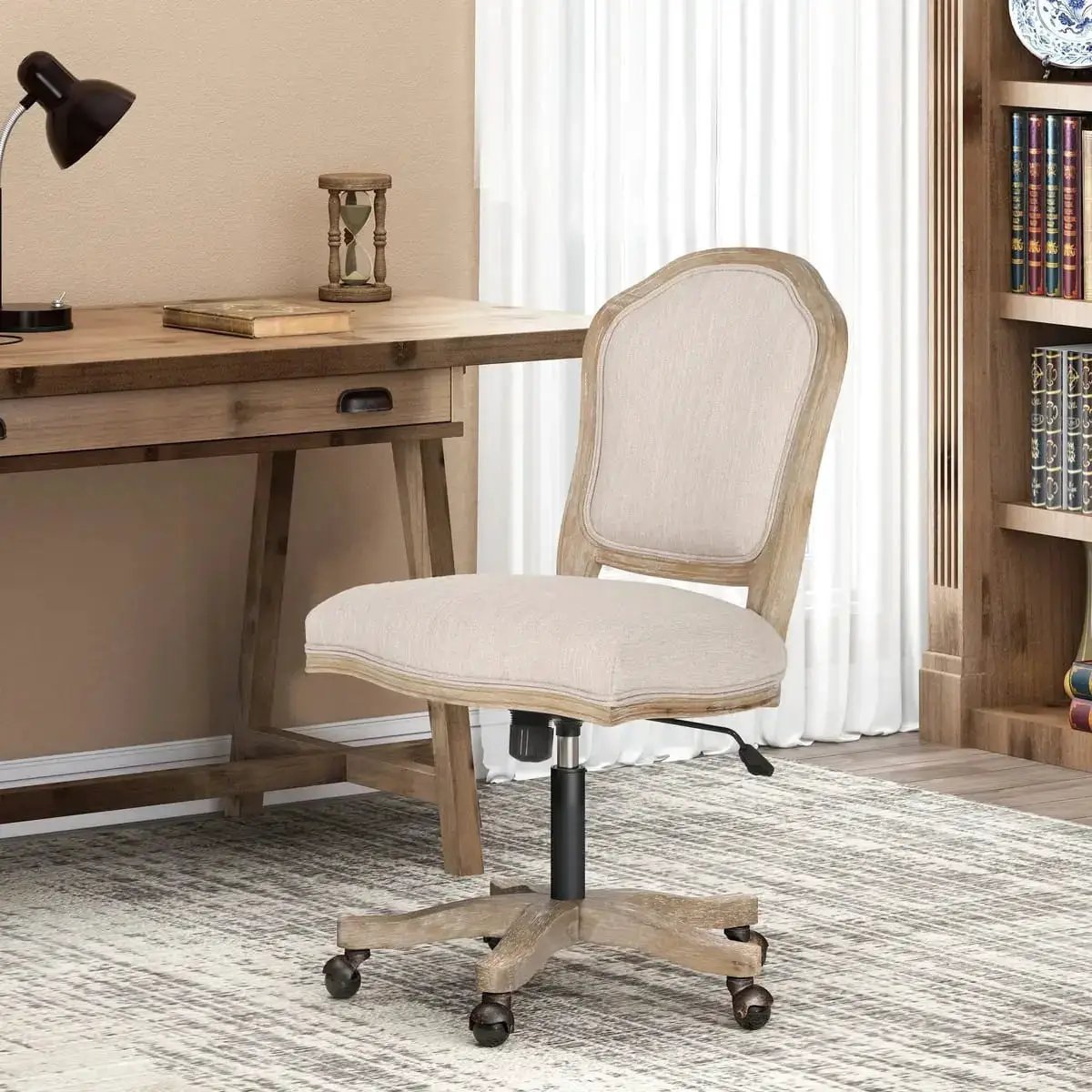 French Country Beige Upholstered Swivel Lift Office Chair - Platinum-Level Office Chairs