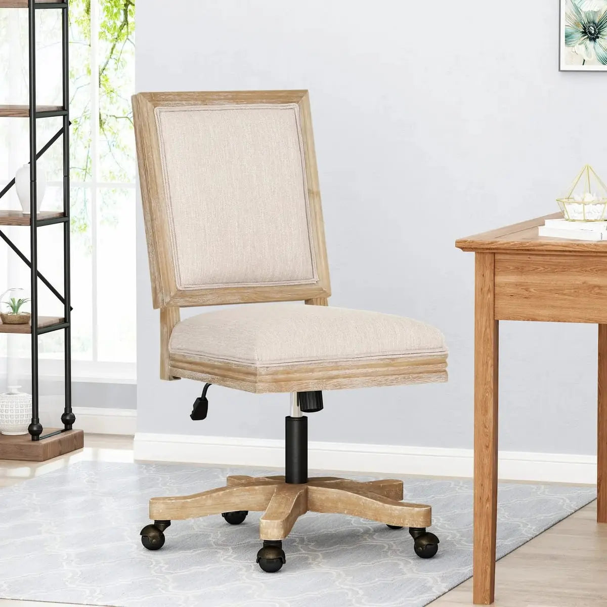 Modern farmhouse beige swivel office chair by CJDS, adjustable traditional chair for home office comfort and style.