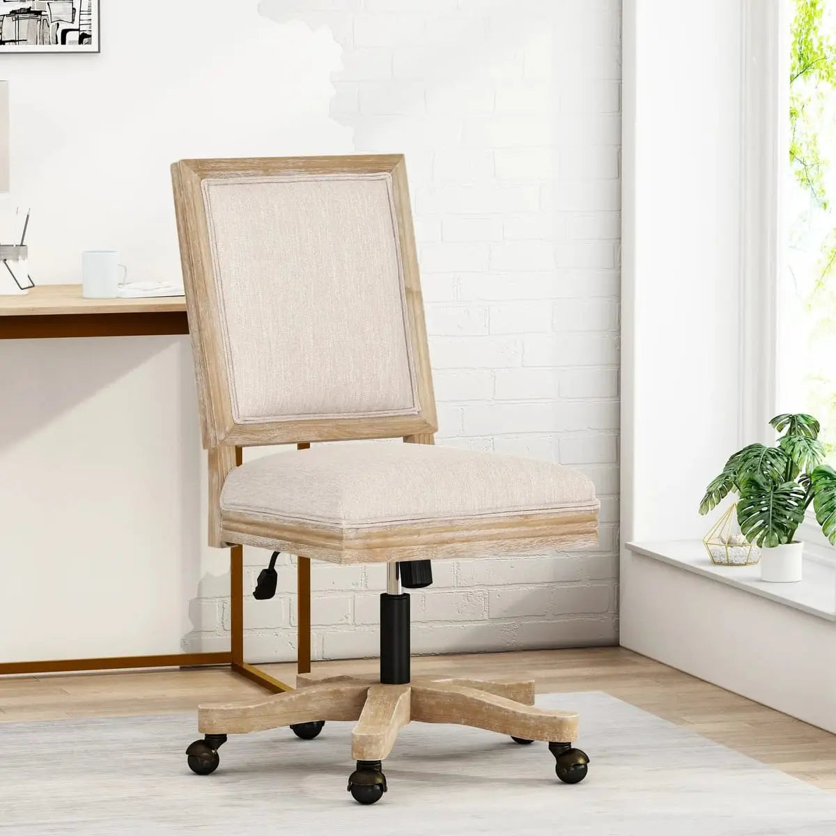 CJDS beige Modern Farmhouse swivel office chair with adjustable height, traditional design, for home office use.