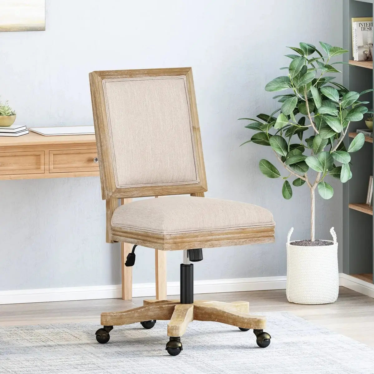 CJDS beige modern farmhouse swivel office chair with adjustable height and comfortable design for home office use.