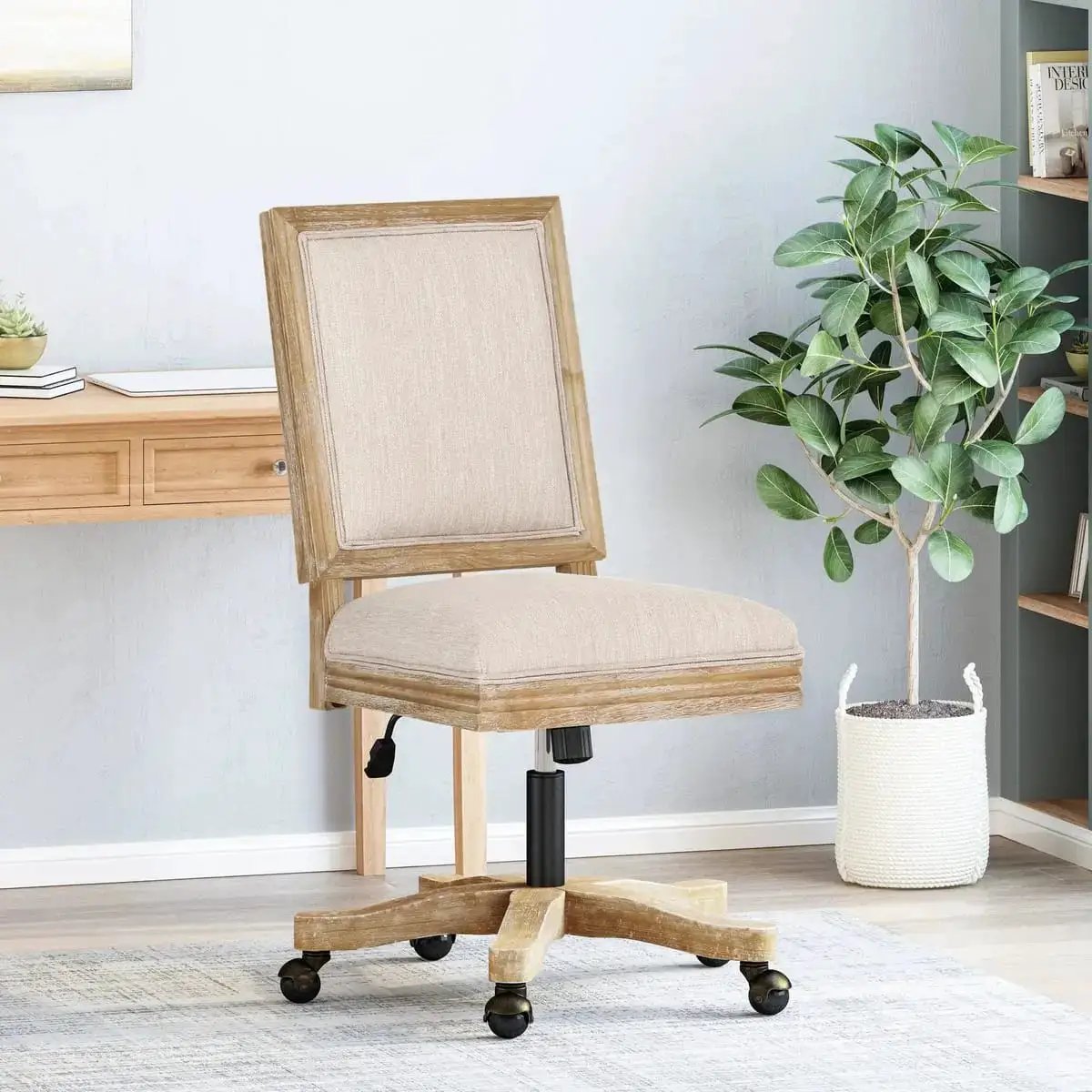 Modern Farmhouse Beige Swivel Office Chair, Adjustable - Platinum-Level Office Chairs