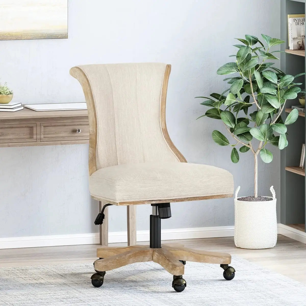 CJDS beige fabric office chair with ergonomic design, adjustable height, swivel base, ideal for traditional office seating.