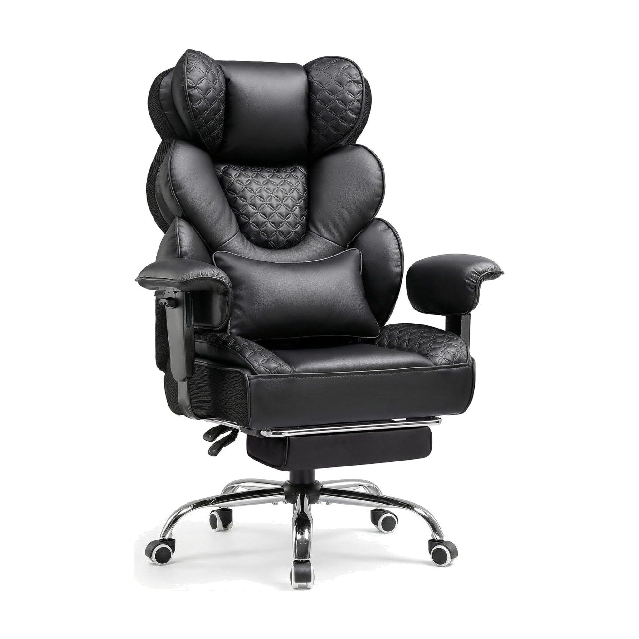 COMHOMA big and tall reclining office chair in black PU leather with retractable footrest, lumbar pillow and 150° recline