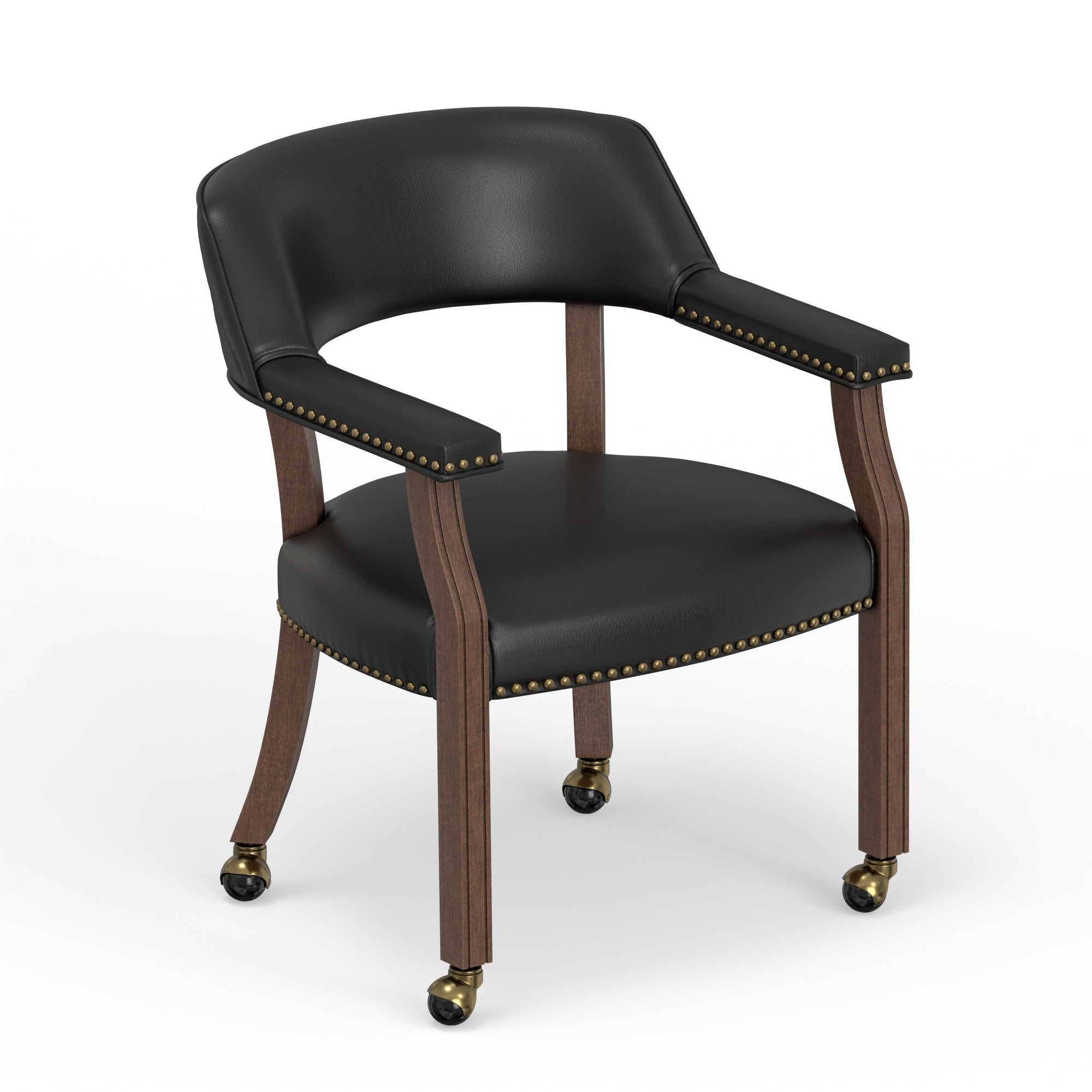 Gorman Walnut and Black Faux Leather Caster Dining and Game Chair - front angle view on white background