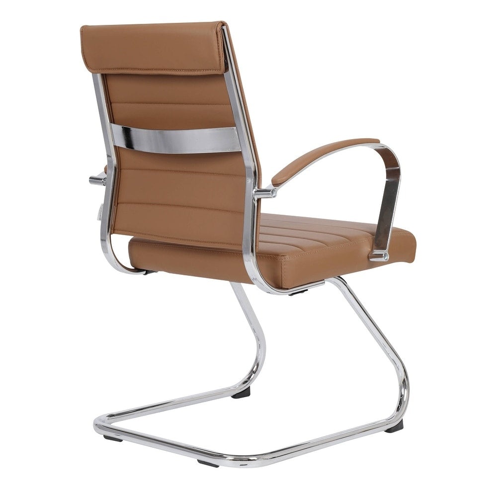 24 PCS Benmar Leather Upholstered Computer Office Chair with Sled Base, Padded Armrests for Home or Office - Light Brown