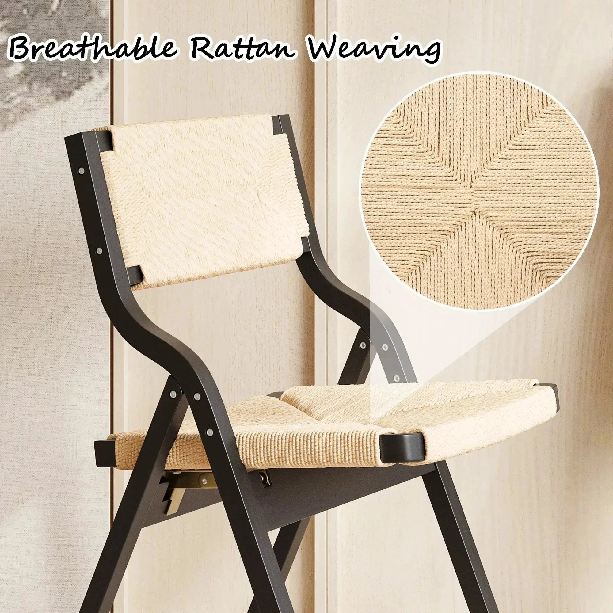 Space-Saving Wood Folding Dining Chairs - Woven Seat Set of 2 - Platinum-Level Office Chairs