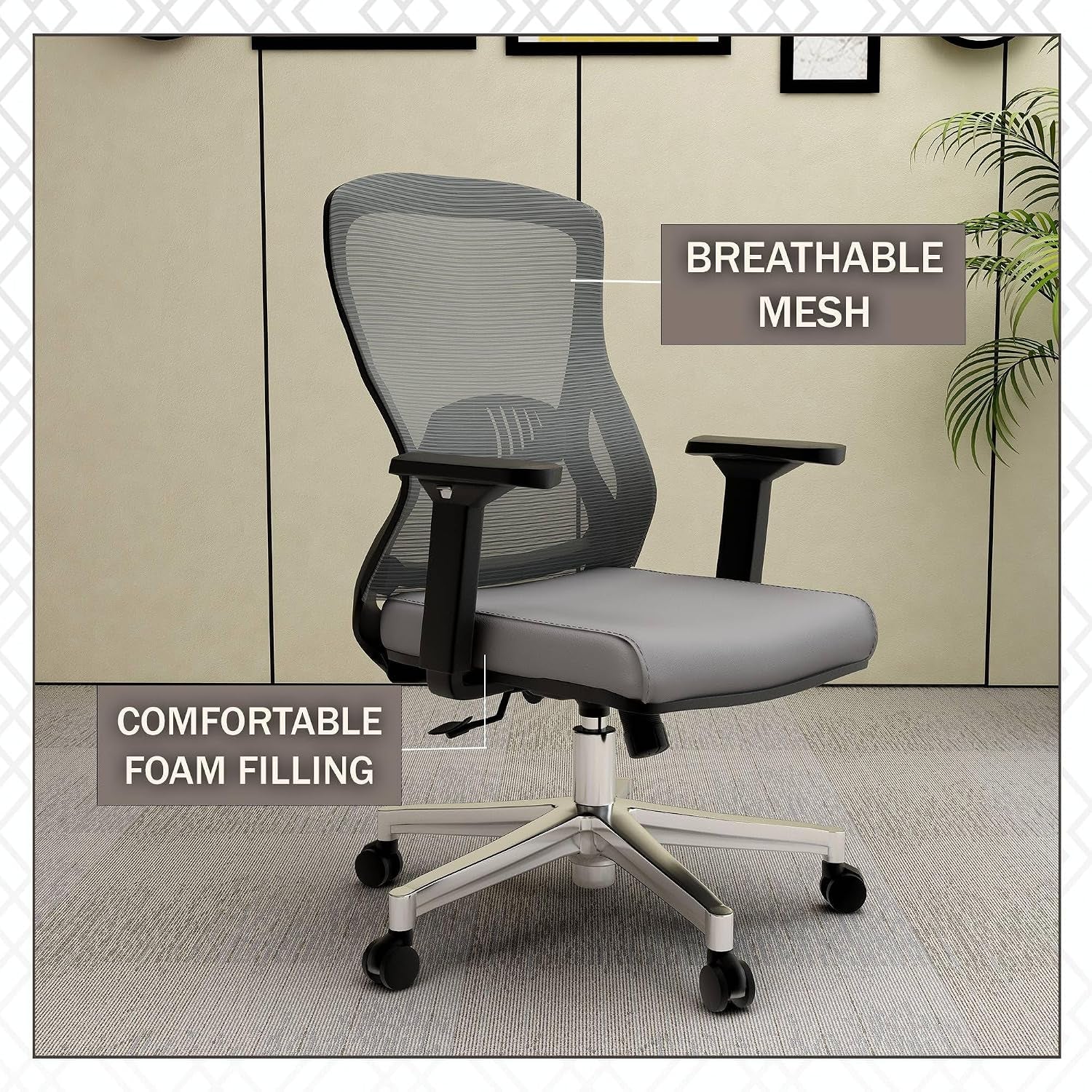 Leisuremod Ergonomic Office Chair Mid-Back Mesh Computer Adjustable Lumbar Support Conference Room Chair with Swivel and Tilt Adorit Series in Grey