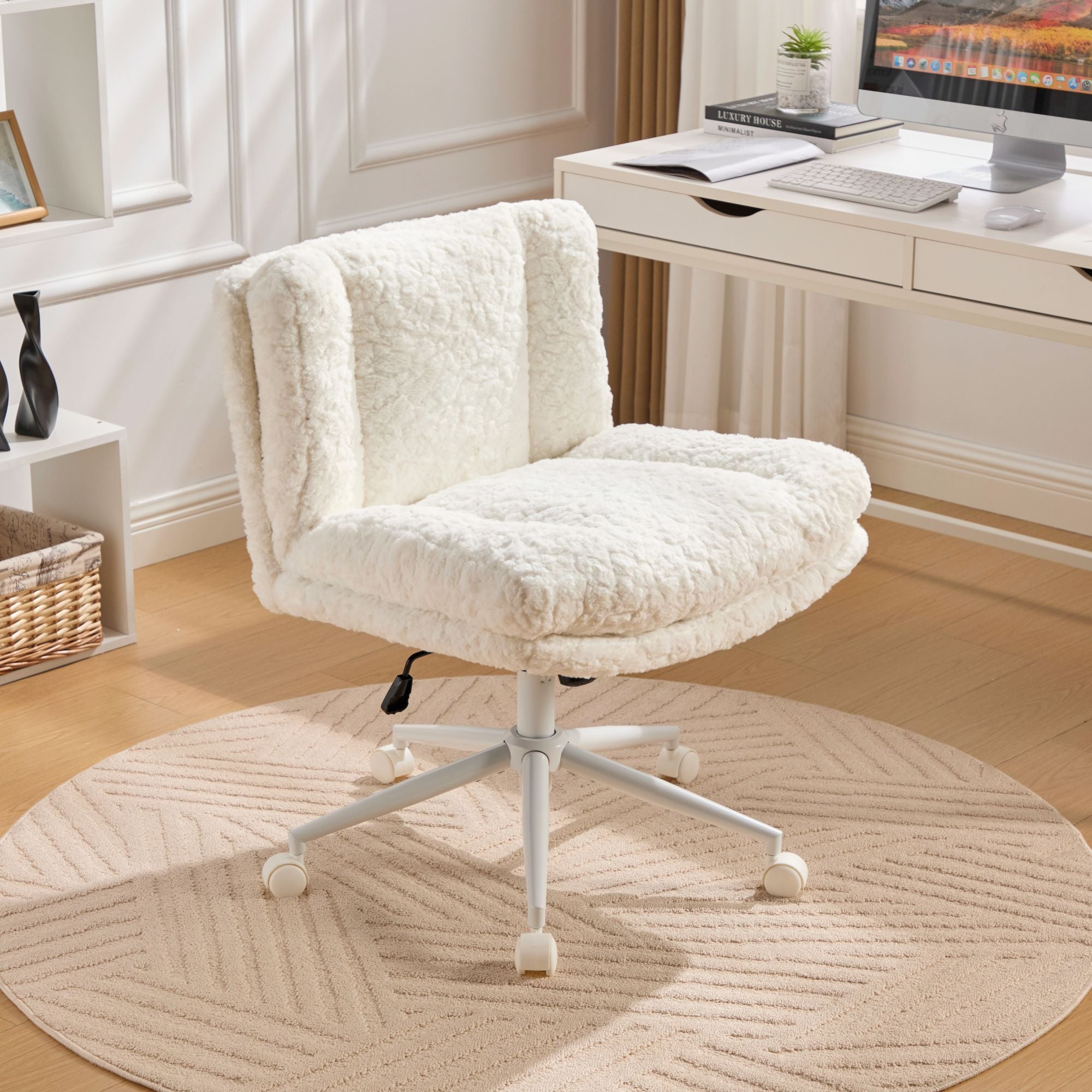 Wide Seat Faux Alpaca Vanity Chair, Metal Base, Cream