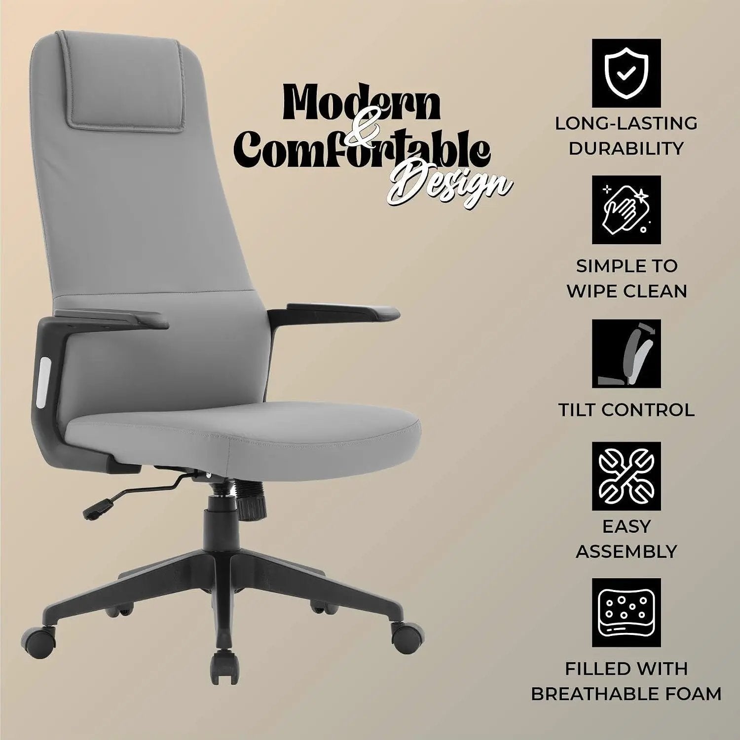 Leisuremod Ergonomic High-Back Leather Office Chair - Grey Swivel Desk Chair with Adjustable Height, Tilt, Padded Headrest & Double Wheel Casters, Comfortable for Home or Office