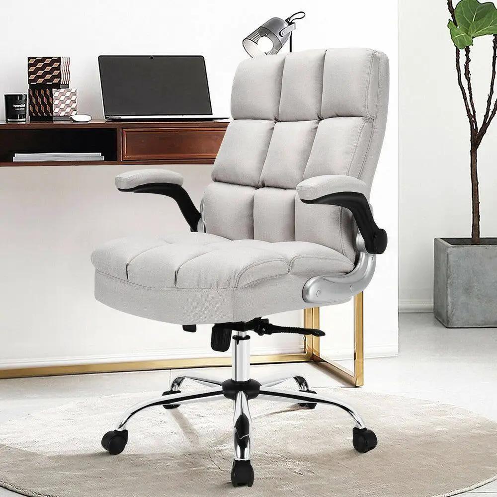 High Back Big and Tall Office Chair Adjustable Swivel Withflip-Up Arm Beige