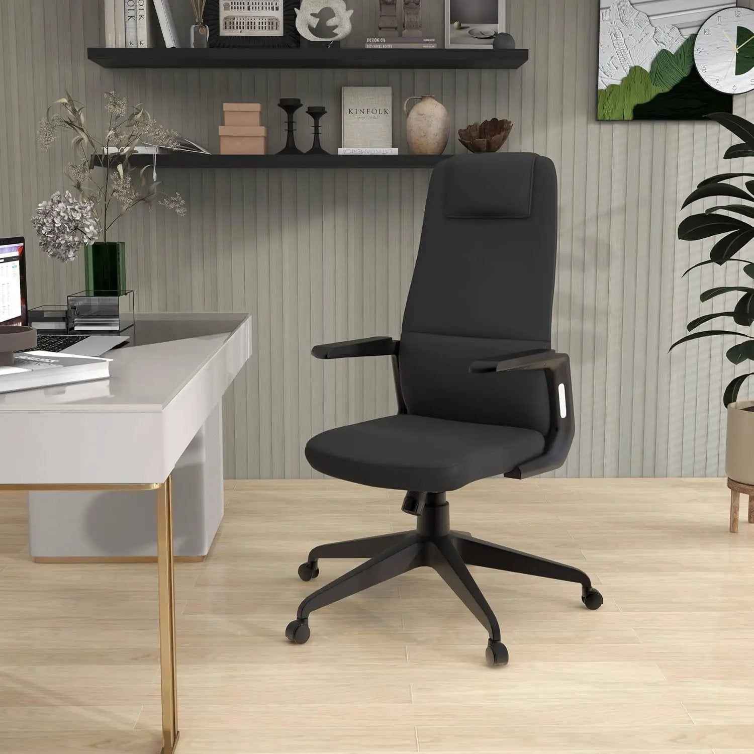 Leisuremod Ergonomic High-Back Leather Office Chair - Black Swivel Desk Chair with Adjustable Height, Tilt, Padded Headrest & Double Wheel Casters, Comfortable for Home or Office