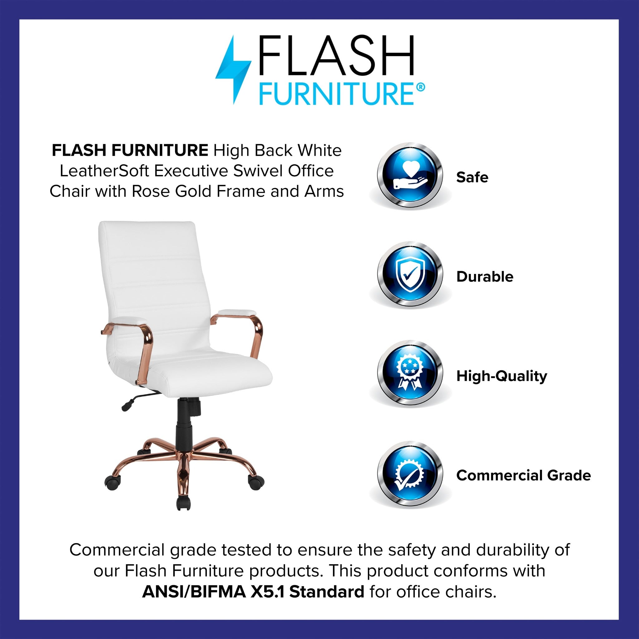 Whitney High Back White LeatherSoft Executive Office Chair with Rose Gold Frame