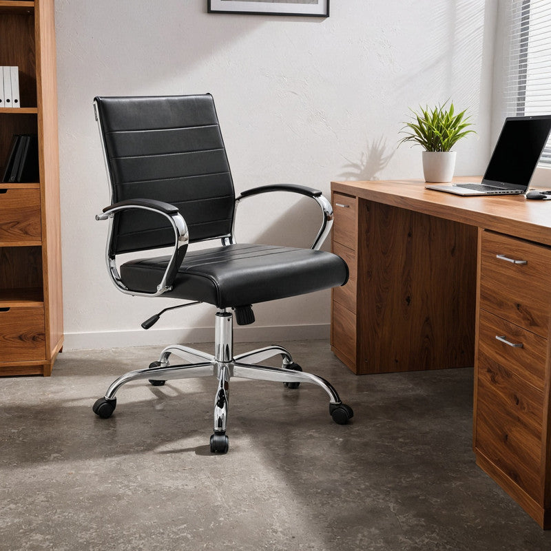 30 PCS Benmar Leather Office Desk Computer Chair with Ribbed Seat and Steel Frame - Black