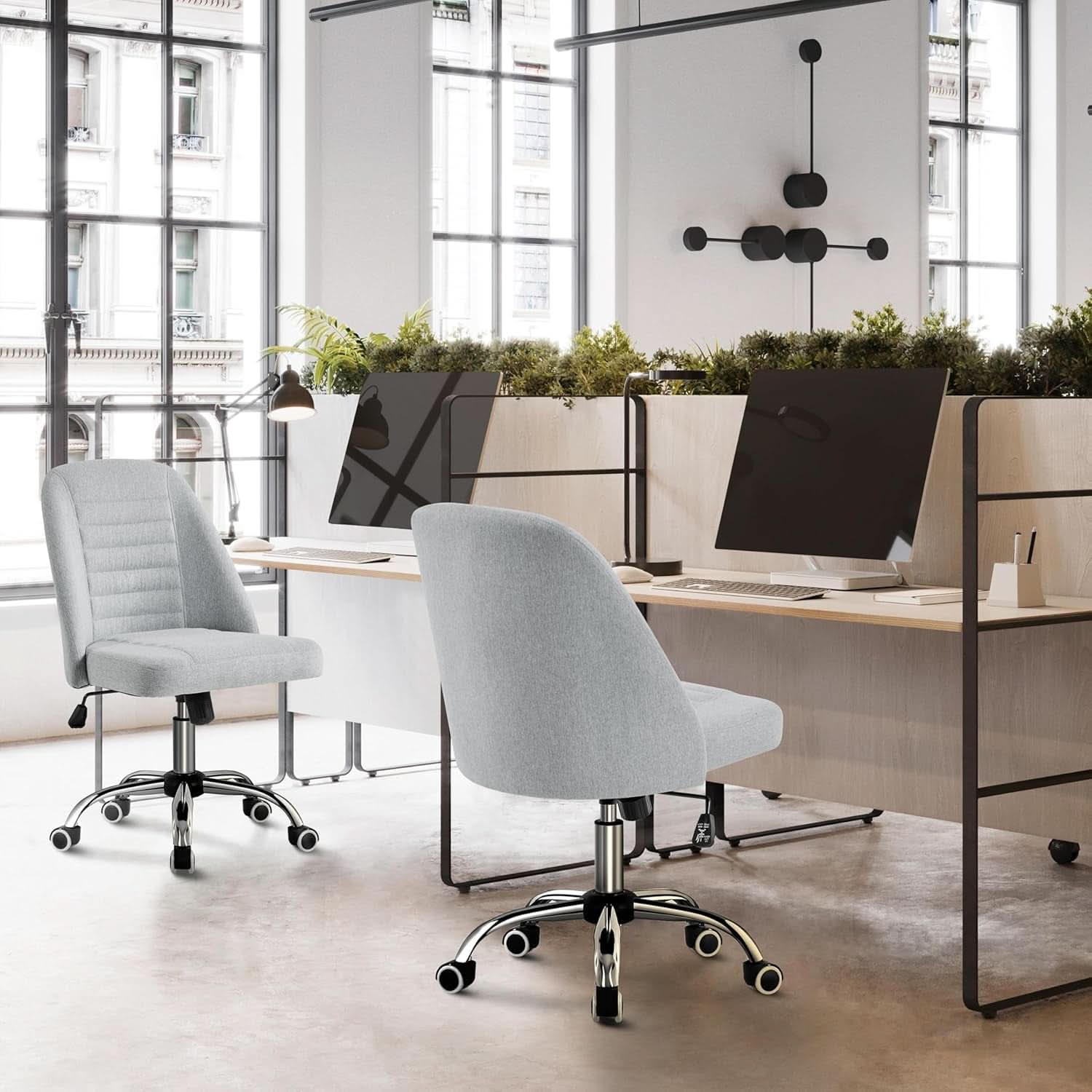 Light Gray Linen Armless Office Chair with Rolling Wheels - Platinum-Level Office Chairs