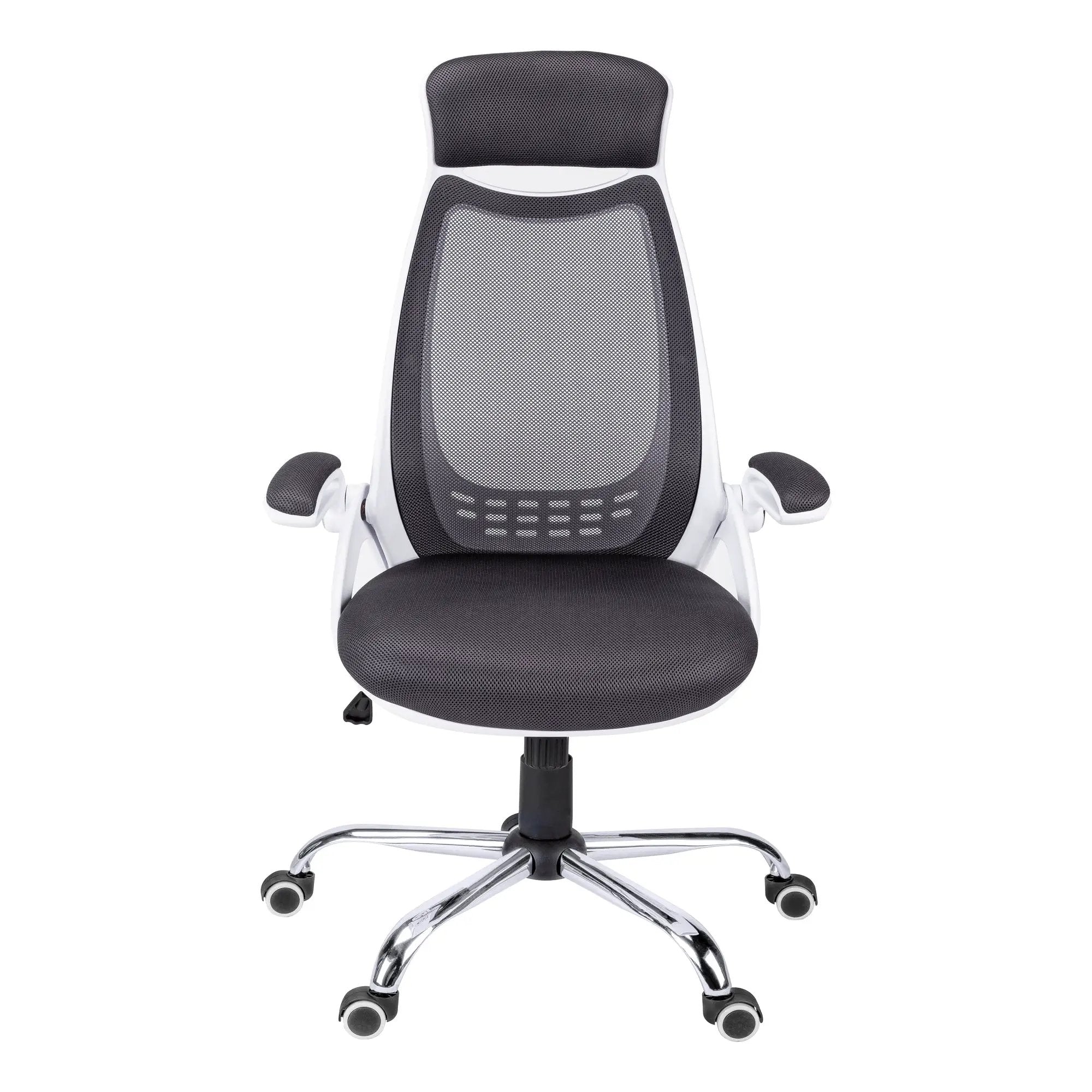 Contemporary office chair with grey mesh fabric, adjustable height, chrome base by Platinum-Level Office Chairs