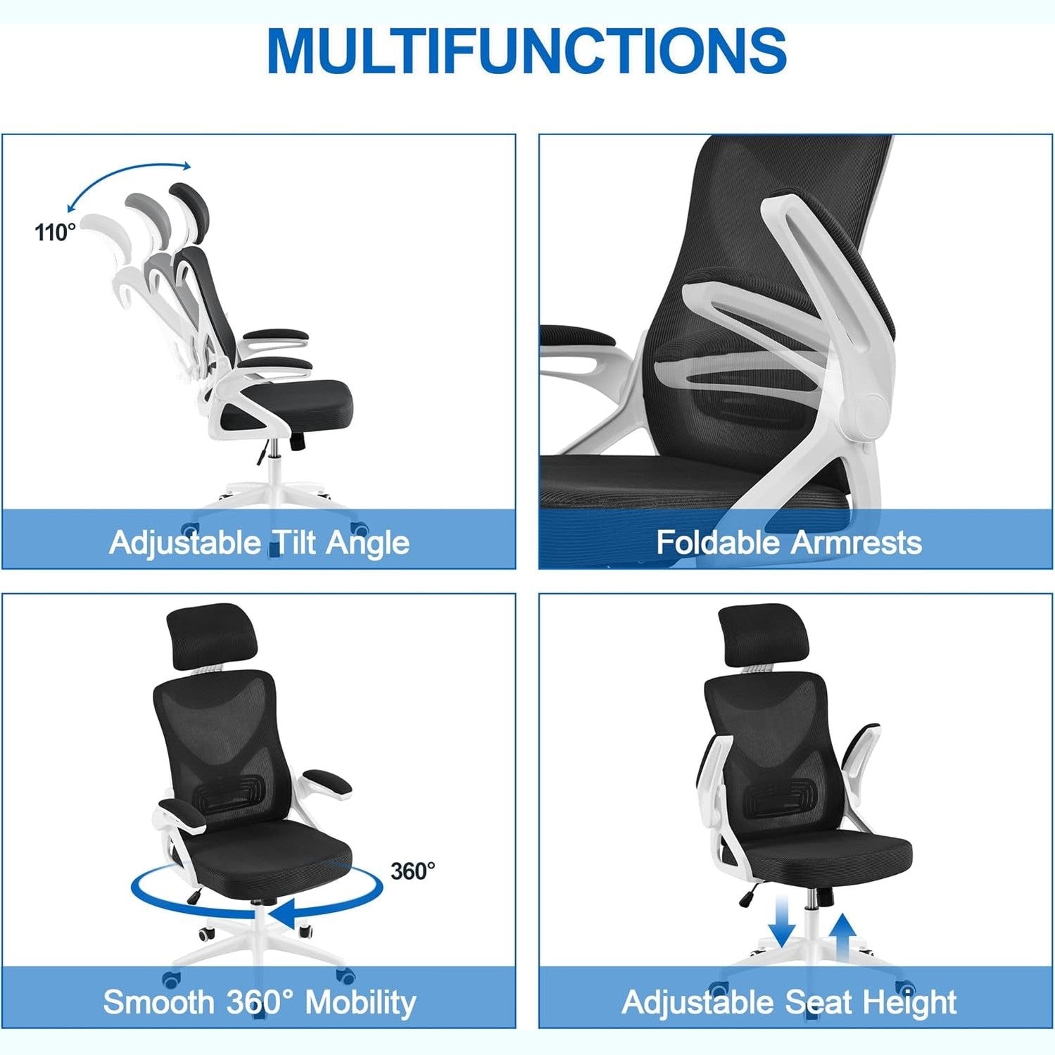 Yaheetech Ergonomic Office Chair with Headrest, Lumbar Support, White/Black | Breathable Mesh High-Back Adjustable Headrest, Padded Seat, and Flip-Up Armrests Supports Your Back and Neck, Holds 300Lb