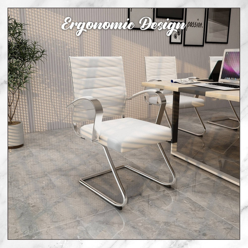 24 PCS Benmar Leather Upholstered Computer Office Chair with Sled Base, Padded Armrests for Home or Office - White