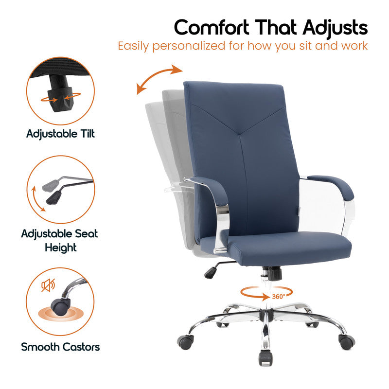 20 PCS Sonora Ergonomic High-Back Leather Desk Office Chair with Chrome Base and Tilt for Home Office - Navy Blue