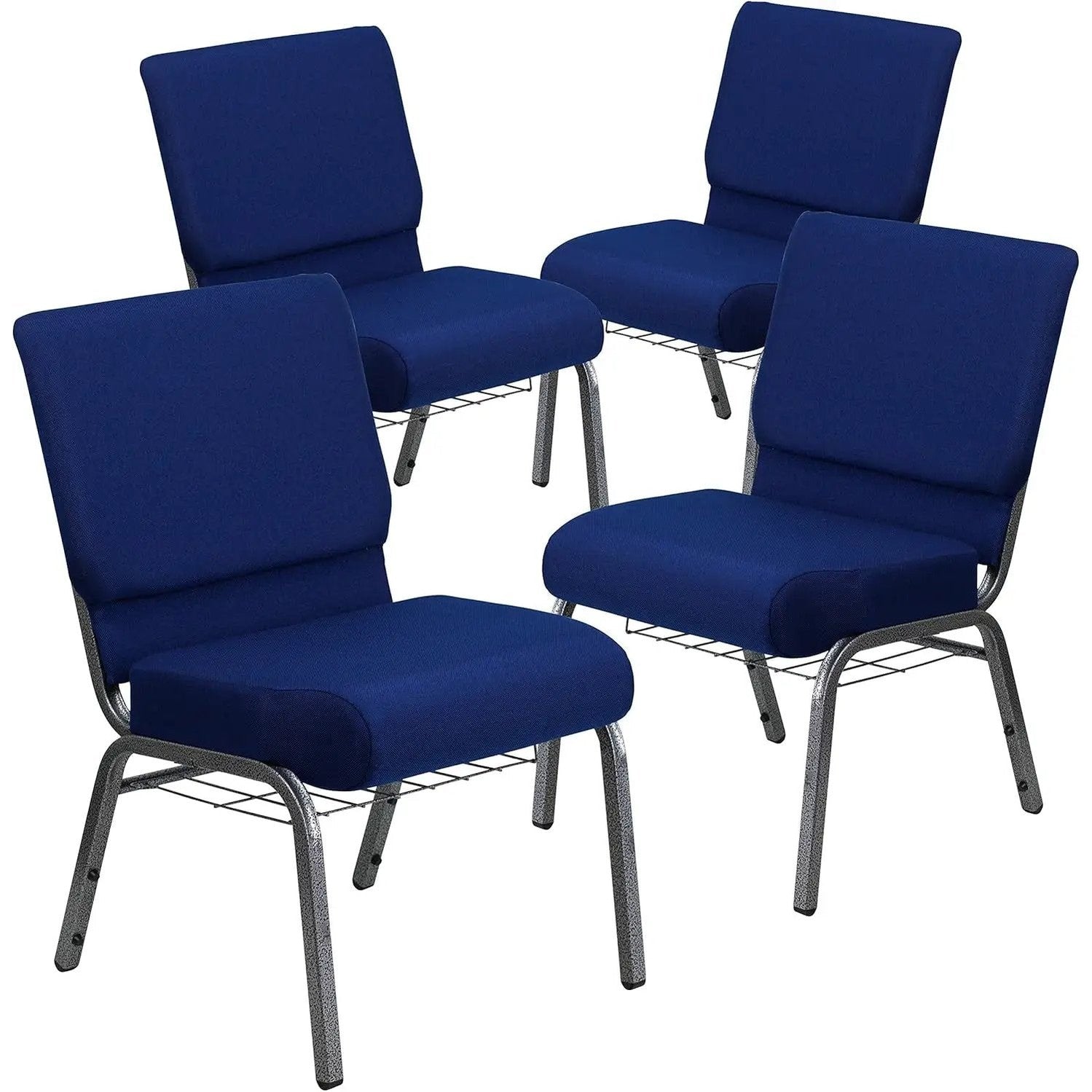 Flash Furniture 4 Pack HERCULES Series 21''W Church Chair in Navy Blue Fabric with Cup Book Rack - Silver Vein Frame by 5 years limited.